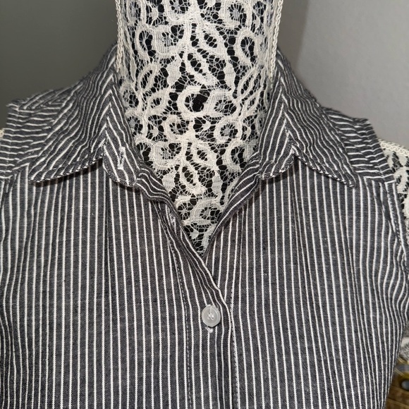 Mod Ref 100% cotton Linen look grayish black & white striped dress Sz small - Picture 2 of 11